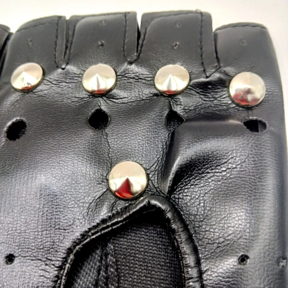 Black Faux Leather Studded + Black Cotton Fingerless Gloves Unisex -New